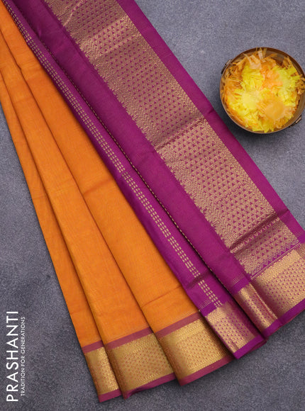 Silk cotton saree mango yellow and purple with allover vairosi pattern and rich zari woven border