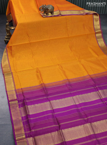 Silk cotton saree mango yellow and purple with allover vairosi pattern and rich zari woven border