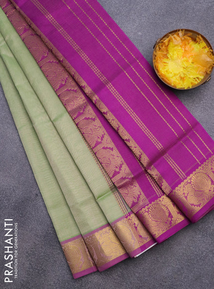 Silk cotton saree pastel green and purple with allover vairosi pattern and annam zari woven border