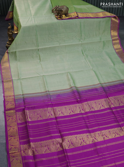 Silk cotton saree pastel green and purple with allover vairosi pattern and annam zari woven border