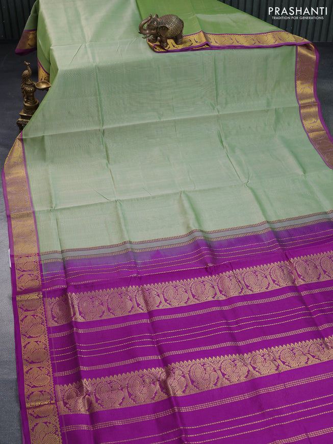 Silk cotton saree pastel green and purple with allover vairosi pattern and annam zari woven border