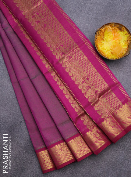 Silk cotton saree dual shade of purplish green and purple with allover vairosi pattern and rich zari woven border