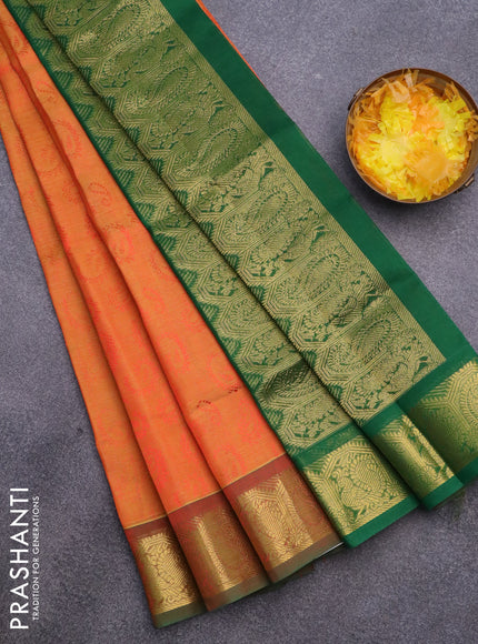 Silk cotton saree dual shade of orange and green with allover self emboss & jacquard and paisley & annam zari woven border