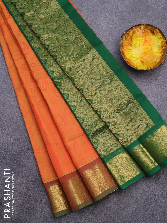 Silk cotton saree dual shade of orange and green with allover self emboss & jacquard and paisley & annam zari woven border