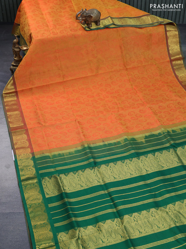 Silk cotton saree dual shade of orange and green with allover self emboss & jacquard and paisley & annam zari woven border