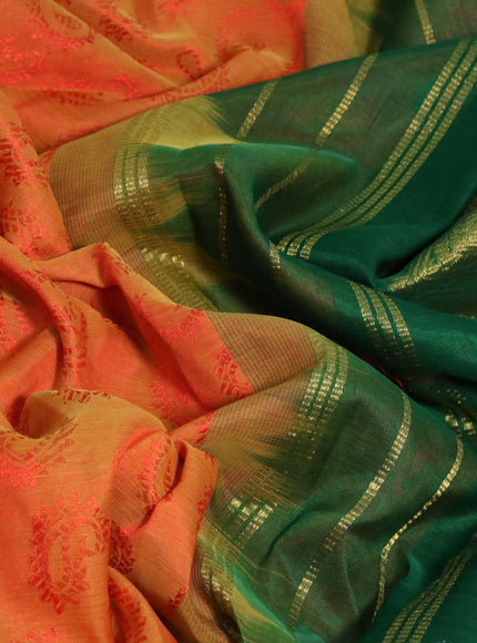 Silk cotton saree dual shade of orange and green with allover self emboss & jacquard and paisley & annam zari woven border