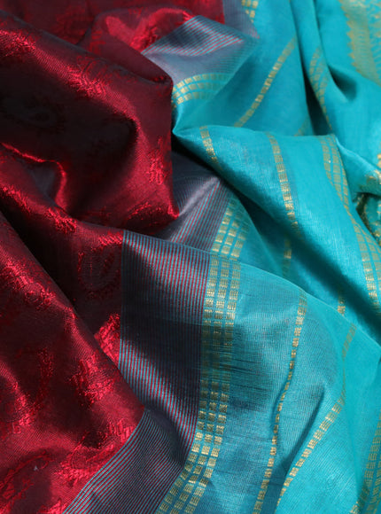 Silk cotton saree maroon and teal blue with allover self emboss & jacquard and rudhraksha & annam zari woven border