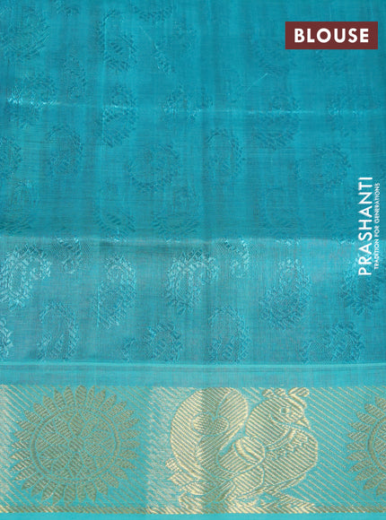 Silk cotton saree maroon and teal blue with allover self emboss & jacquard and rudhraksha & annam zari woven border