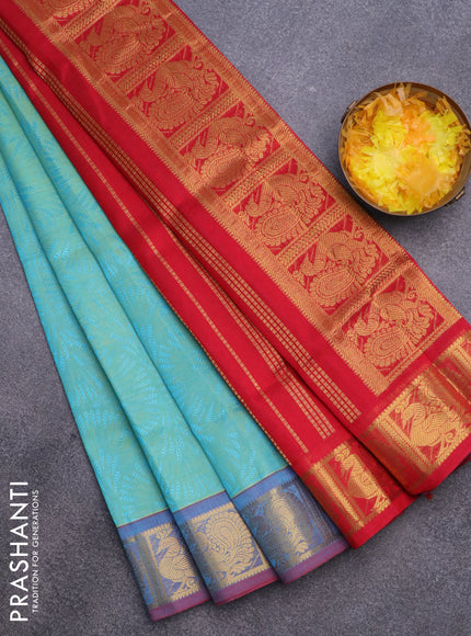 Silk cotton saree dual shade of teal bluish green and red with allover self emboss & jacquard and annam zari woven border