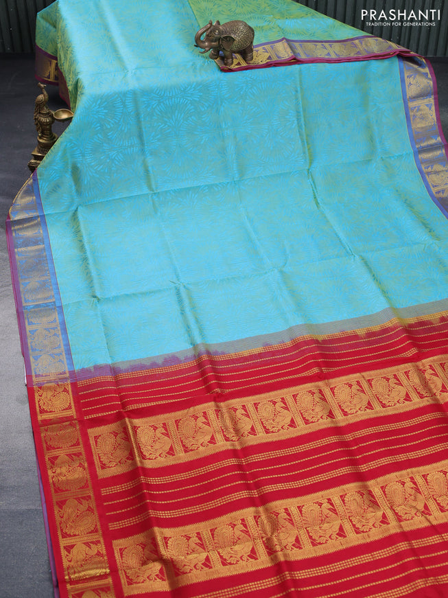 Silk cotton saree dual shade of teal bluish green and red with allover self emboss & jacquard and annam zari woven border