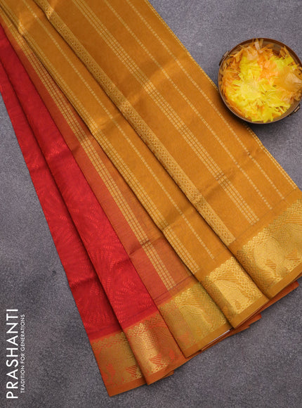 Silk cotton saree rustic orange and dark mustard with allover self emboss & jacquard and elephant zari woven border