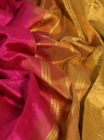 Silk cotton saree pink and dark mustard with allover self emboss & jacquard and paisley zari woven border