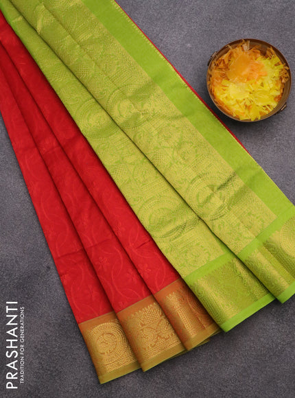 Silk cotton saree orange and light green with allover self emboss & jacquard and annam zari woven border