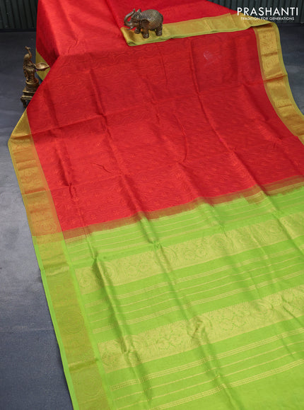 Silk cotton saree orange and light green with allover self emboss & jacquard and annam zari woven border