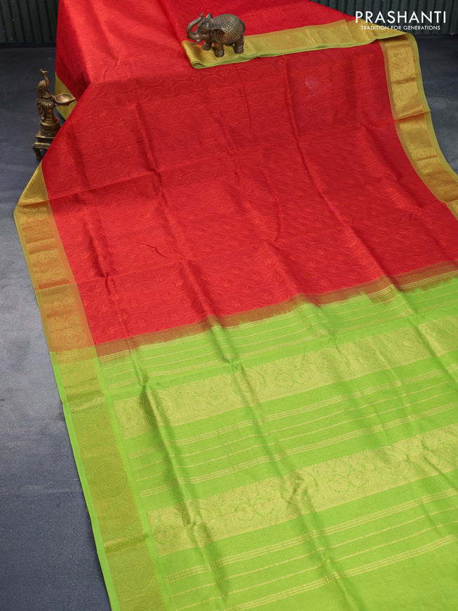 Silk cotton saree orange and light green with allover self emboss & jacquard and annam zari woven border