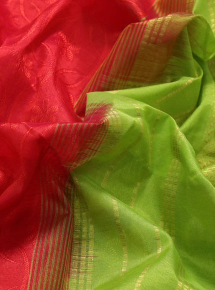 Silk cotton saree orange and light green with allover self emboss & jacquard and annam zari woven border