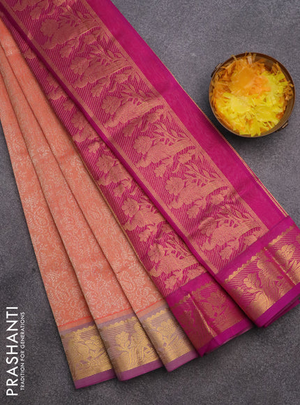 Silk cotton saree dual shade of orange and purple with allover self emboss & jacquard and peacock zari woven border