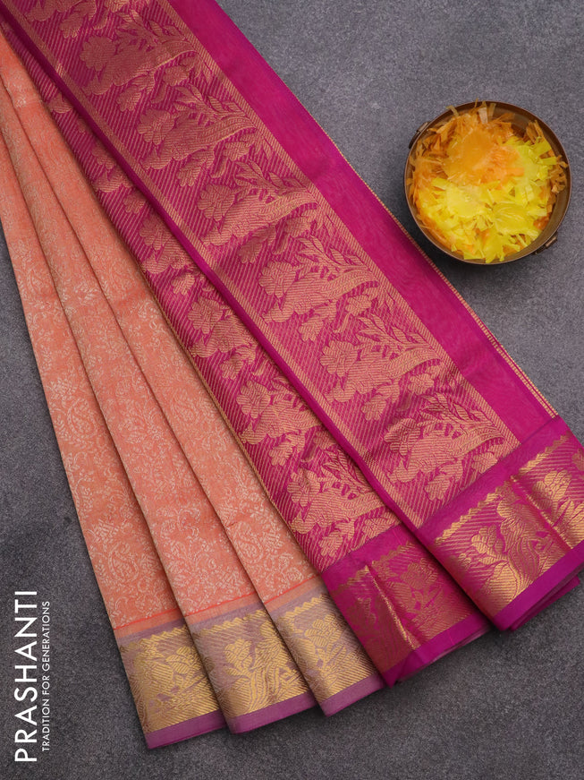 Silk cotton saree dual shade of orange and purple with allover self emboss & jacquard and peacock zari woven border