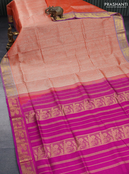 Silk cotton saree dual shade of orange and purple with allover self emboss & jacquard and peacock zari woven border