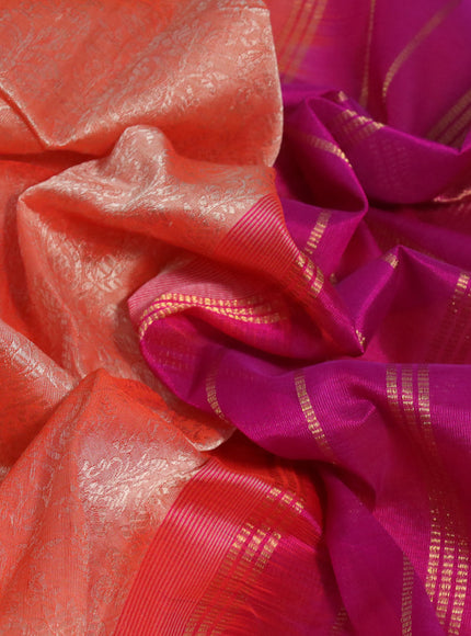 Silk cotton saree dual shade of orange and purple with allover self emboss & jacquard and peacock zari woven border