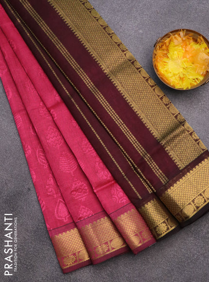 Silk cotton saree pink and coffee brown with allover self emboss & jacquard and zari woven border