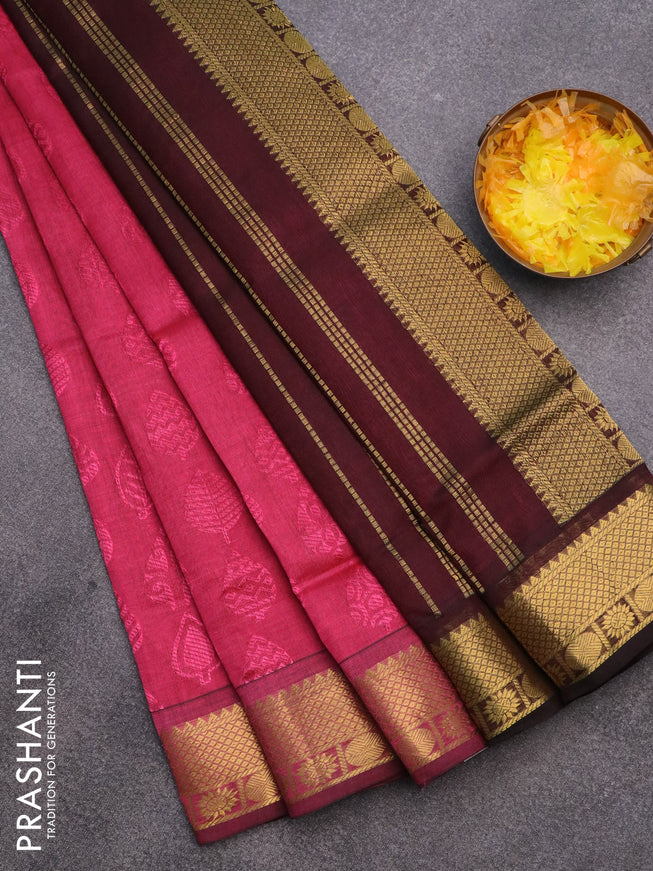 Silk cotton saree pink and coffee brown with allover self emboss & jacquard and zari woven border