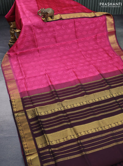 Silk cotton saree pink and coffee brown with allover self emboss & jacquard and zari woven border