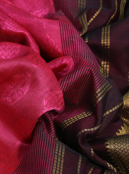 Silk cotton saree pink and coffee brown with allover self emboss & jacquard and zari woven border