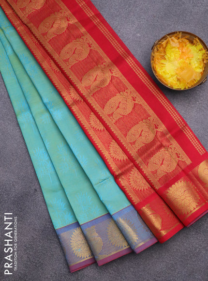 Silk cotton saree dual shade of teal bluish green and red with allover self emboss & jacquard and rudhraksha & annam zari woven border