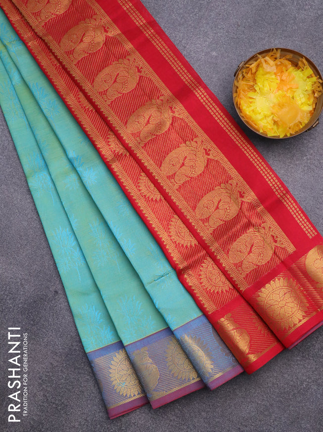 Silk cotton saree dual shade of teal bluish green and red with allover self emboss & jacquard and rudhraksha & annam zari woven border