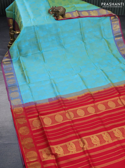 Silk cotton saree dual shade of teal bluish green and red with allover self emboss & jacquard and rudhraksha & annam zari woven border