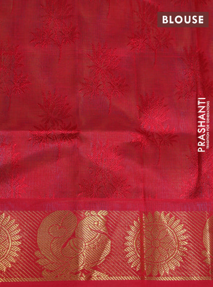 Silk cotton saree dual shade of teal bluish green and red with allover self emboss & jacquard and rudhraksha & annam zari woven border