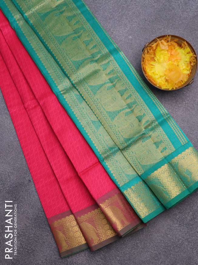 Silk cotton saree pink and teal green with allover self emboss & jacquard and elephant zari woven border