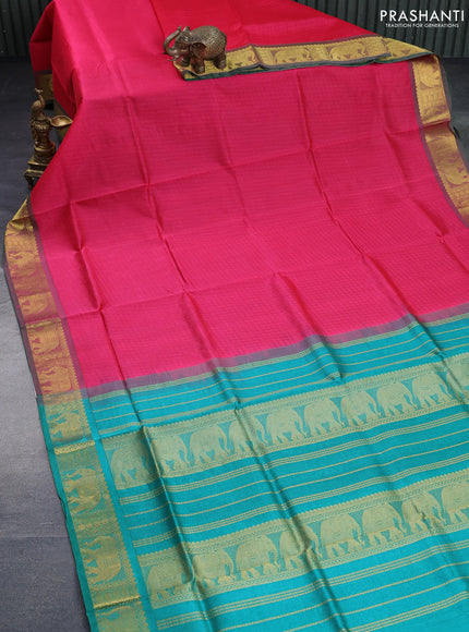 Silk cotton saree pink and teal green with allover self emboss & jacquard and elephant zari woven border