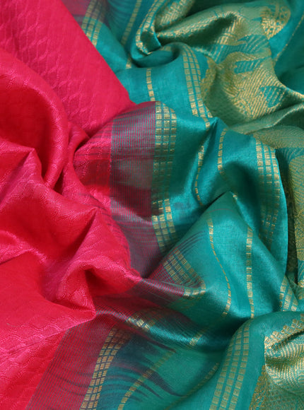 Silk cotton saree pink and teal green with allover self emboss & jacquard and elephant zari woven border