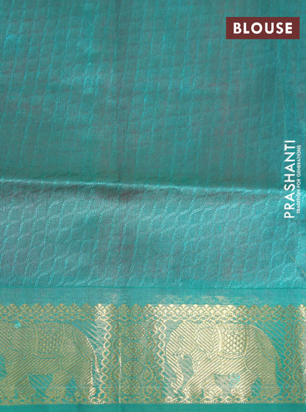 Silk cotton saree pink and teal green with allover self emboss & jacquard and elephant zari woven border