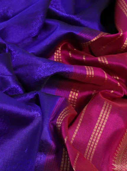 Silk cotton saree blue and magenta pink with allover self emboss & jacquard and zari woven border