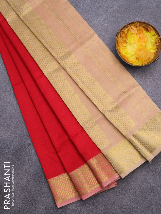 Silk cotton saree red and dual shade of sandal with allover self emboss & jacquard and zari woven border