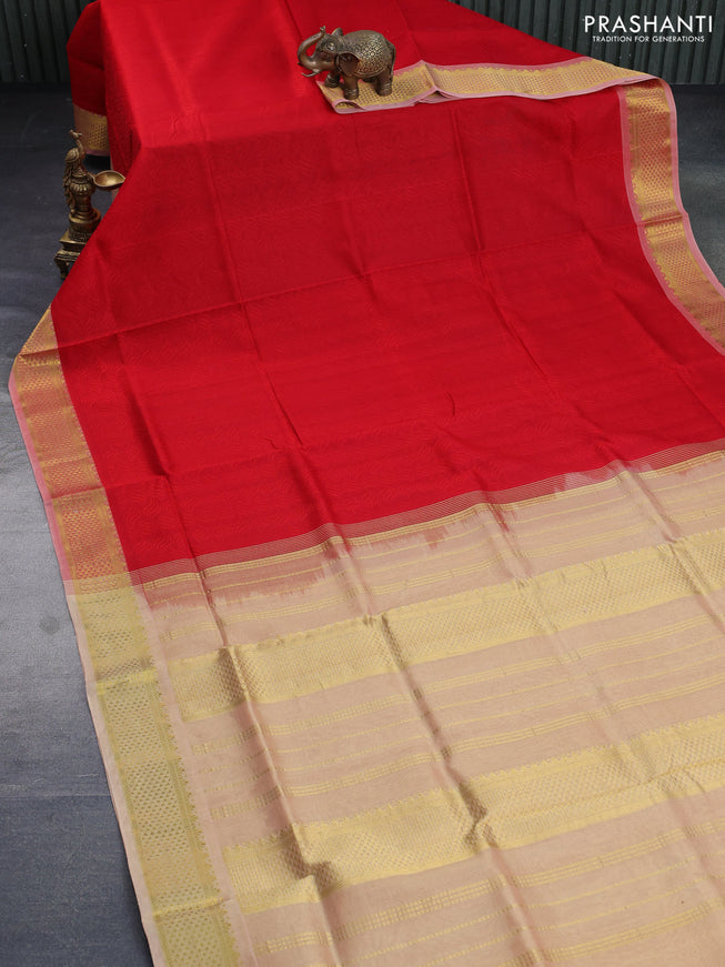 Silk cotton saree red and dual shade of sandal with allover self emboss & jacquard and zari woven border