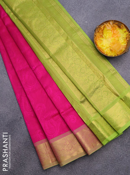 Silk cotton saree pink and light green with allover self emboss & jacquard and zari woven border