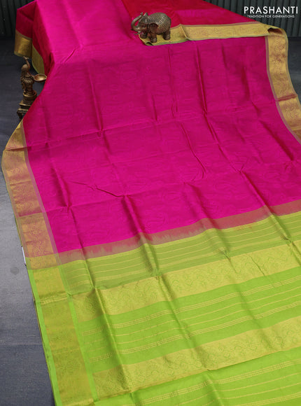 Silk cotton saree pink and light green with allover self emboss & jacquard and zari woven border