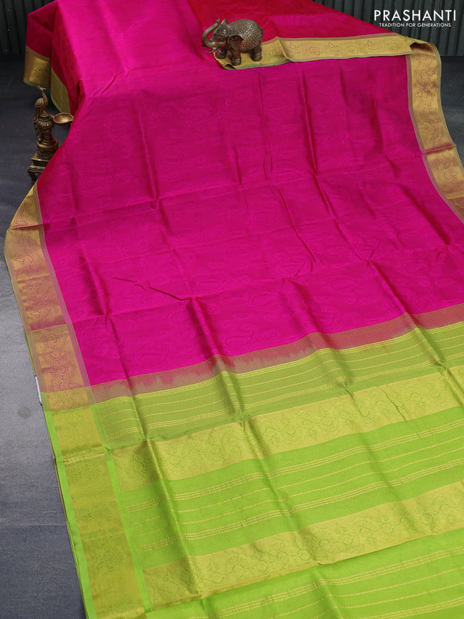 Silk cotton saree pink and light green with allover self emboss & jacquard and zari woven border