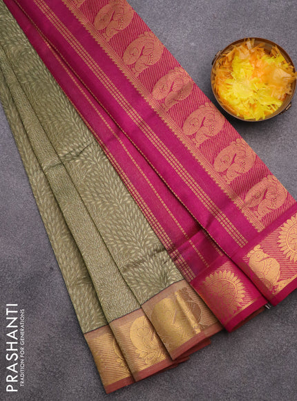 Silk cotton saree elaichi green and magenta pink with allover self emboss & jacquard and rudhraksha & annam zari woven border