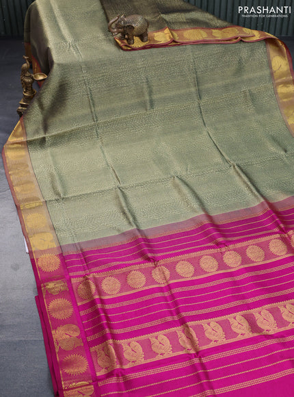 Silk cotton saree elaichi green and magenta pink with allover self emboss & jacquard and rudhraksha & annam zari woven border