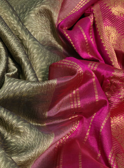 Silk cotton saree elaichi green and magenta pink with allover self emboss & jacquard and rudhraksha & annam zari woven border