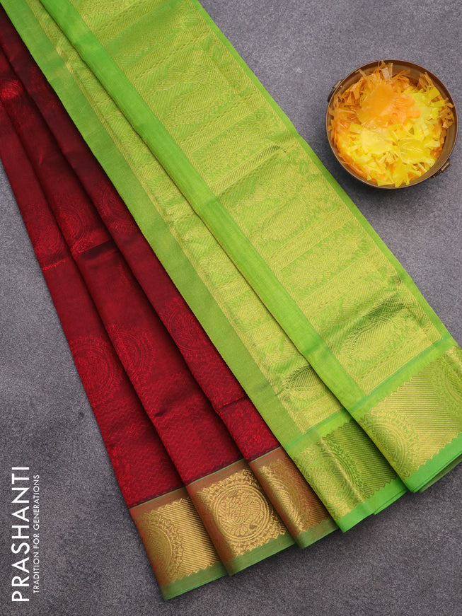 Silk cotton saree maroon and light green with allover self emboss & jacquard and annam zari woven border