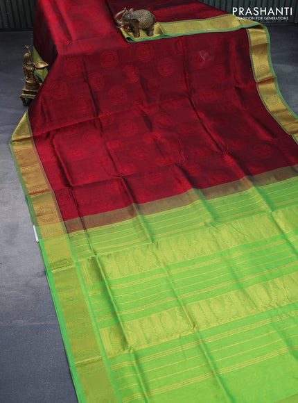 Silk cotton saree maroon and light green with allover self emboss & jacquard and annam zari woven border