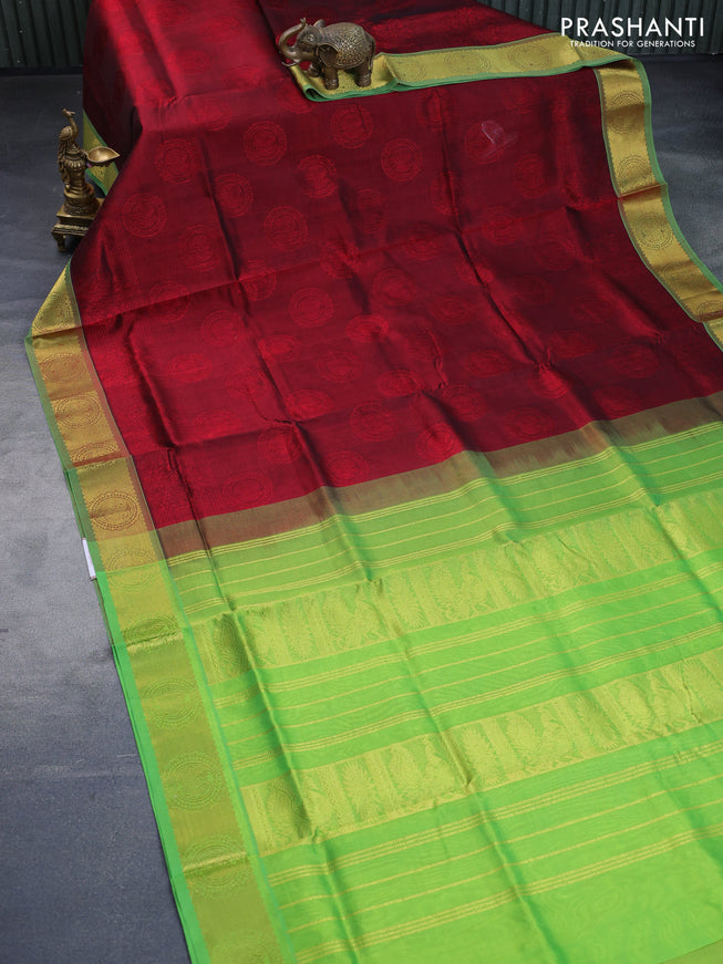 Silk cotton saree maroon and light green with allover self emboss & jacquard and annam zari woven border