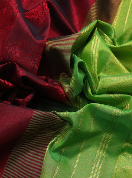 Silk cotton saree maroon and light green with allover self emboss & jacquard and annam zari woven border