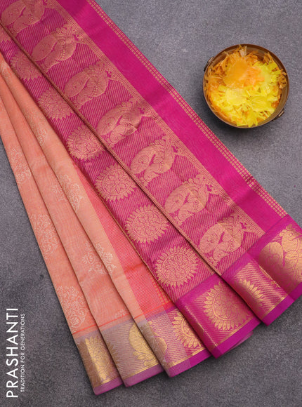 Silk cotton saree orange and magenta pink with allover self emboss & jacquard and rudhraksha & annam zari woven border